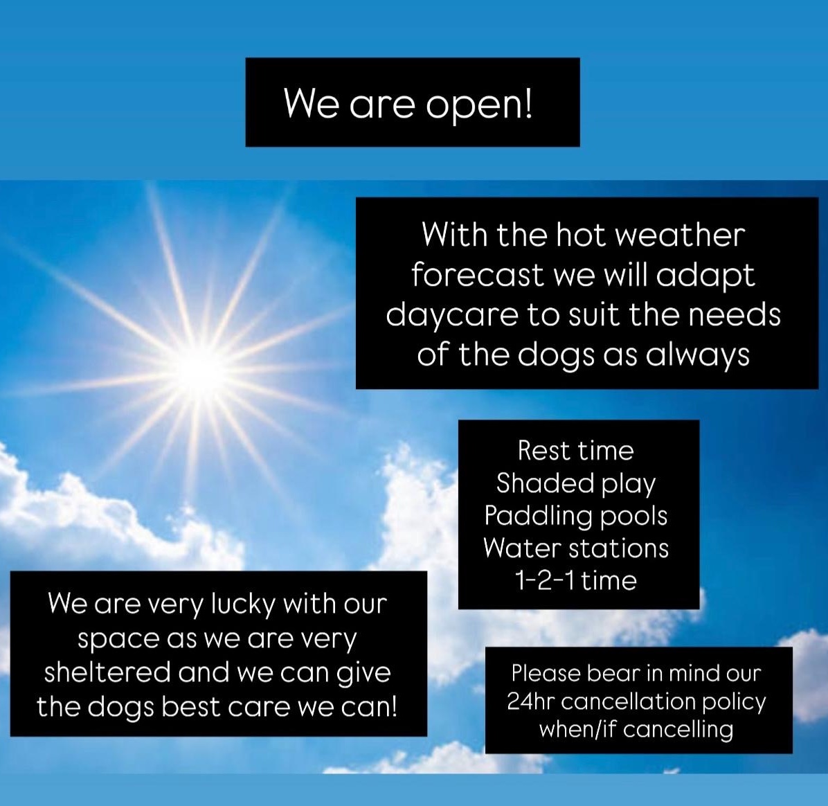 We are open! With the hot weather forecast we will adapt daycare to suit the needs of the dogs as always. Rest time, Shaded play, Paddling pools, Water stations, 1-2-1 time. We are very lucky with our space as we are very sheltered and we can give the dogs best care we can! Please bear in mind our 24hr cancellation policy when/if cancelling.
