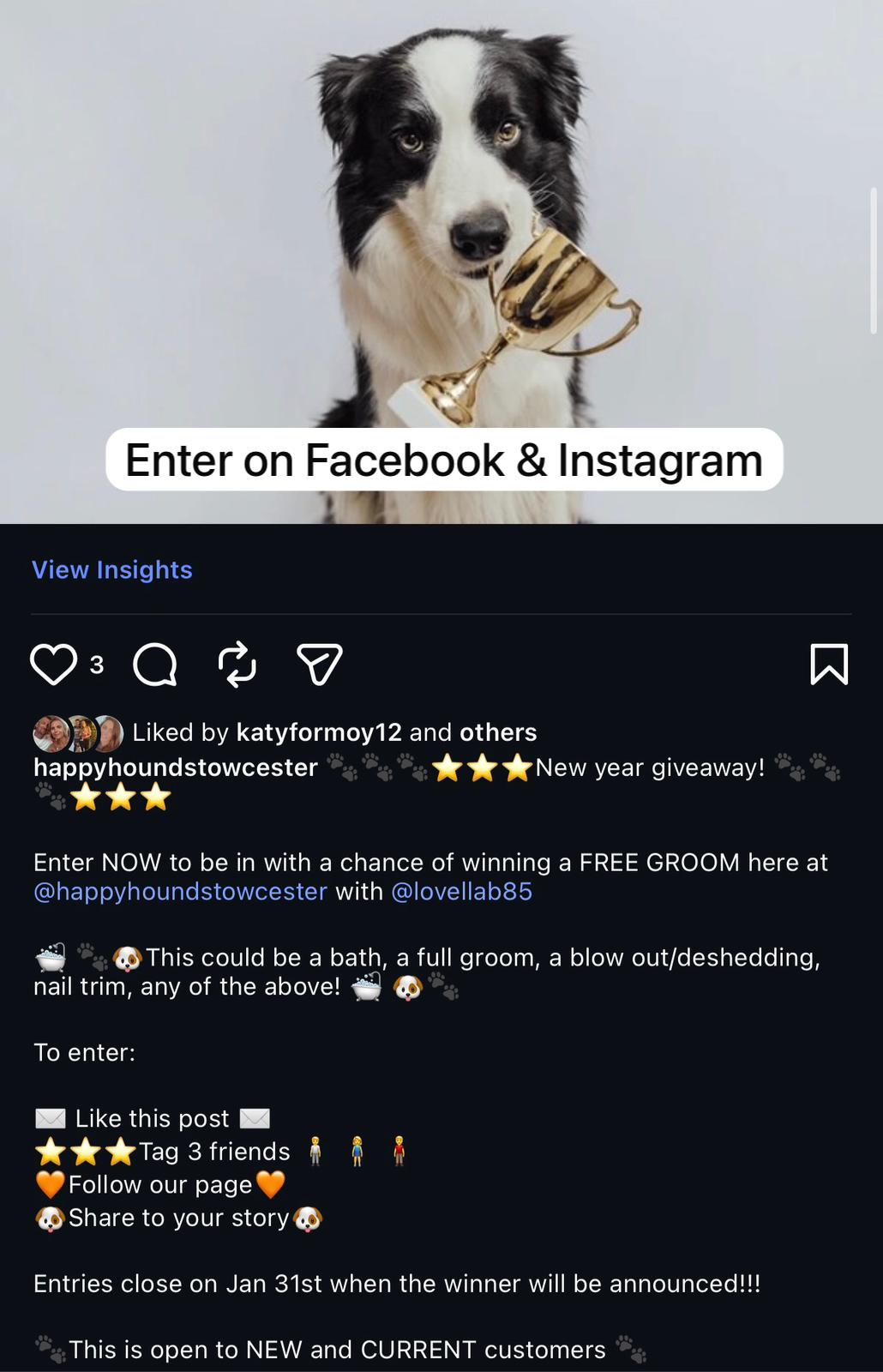 Image of a notice, enter the online competition on Facebook to win a free groom.